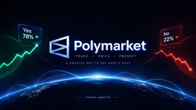 A promotional banner for Polymarket featuring the tagline 'TRADE • PRICE • PREDICT — A SMARTER WAY TO SEE WHAT'S NEXT' with 'Yes 78%' and 'No 22%' prediction indicators, credited to creator 'apsiri13'.