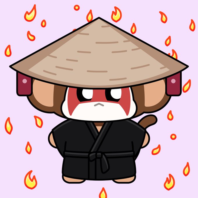 A cartoon monkey wearing a conical hat and a black martial arts uniform, surrounded by small flame icons on a light purple background.