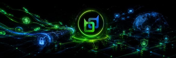 A digital graphic with a dark background featuring a glowing green circular logo at the center, surrounded by digital data streams, network nodes, floating dollar signs, and a wireframe globe on the right side.
