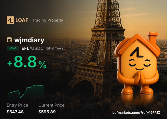 A promotional graphic from LOAF Trading Property showing a long position in EFL/USDC called 'wjmdiary' themed around the Eiffel Tower, showing a +8.8% gain from $547.48 entry to $595.89 current price.