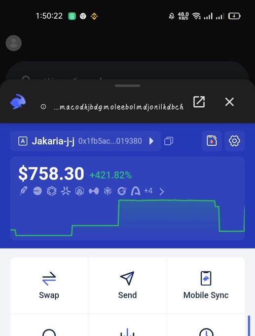 A cryptocurrency wallet screenshot showing a token called 'Jakarta-j' with a value of $758.30 (+421.82%) on various networks.