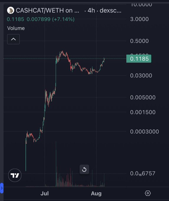 A 4-hour DexScreener chart shows the CASHCAT/WETH trading pair at 0.1185 WETH, up 7.14%, after a strong rally from around 0.0006757 in early July followed by recent consolidation. The chart visualizes the kind of explosive price growth that the post is referencing as evidence to support its bullish claim about CASHCAT potentially reaching a $1 billion valuation.