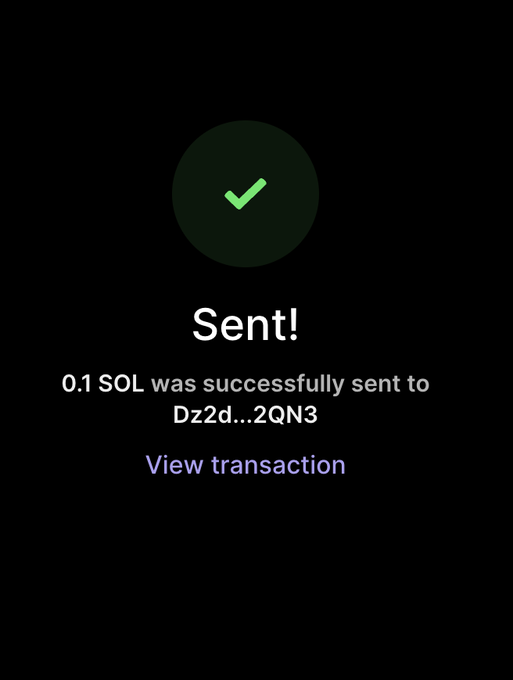 A confirmation screen displays a green checkmark with "Sent!" and the message "0.1 SOL was successfully sent to Dz2d…2QN3," along with a "View transaction" link, corresponding to the post claiming to have sent 0.1 SOL ($SOL) to followers.