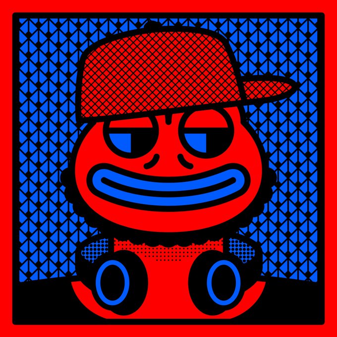 A cartoon-style illustration of a red character with a blue mouth, half-closed blue eyes, and a red mesh cap, set against a blue patterned background and enclosed in a red border.