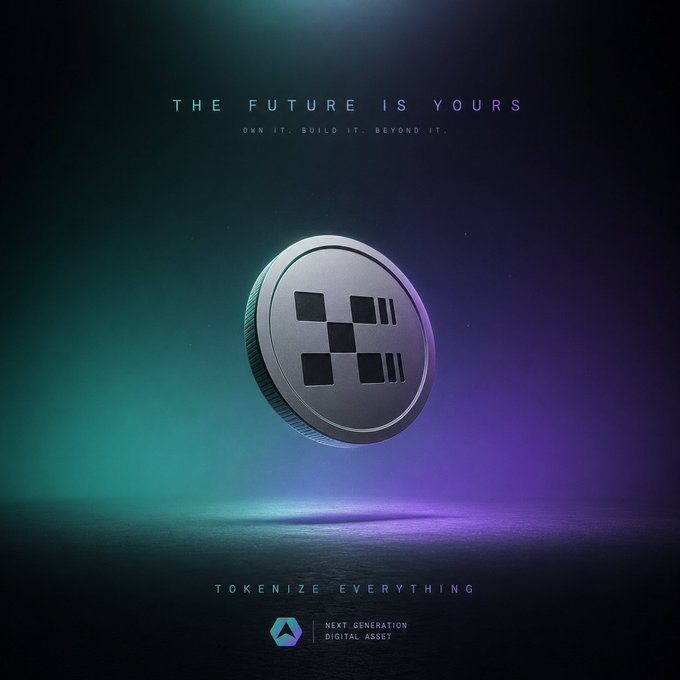 The image features a metallic coin with a checkered logo floating against a gradient teal-purple background, with the text "THE FUTURE IS YOURS - OWN IT, BUILD IT, BEYOND IT" at the top and "TOKENIZE EVERYTHING" at the bottom, branding it as a "NEXT GENERATION DIGITAL ASSET." This represents the X Layer ecosystem highlighted in the post, which promotes Ave.ai's support for on-chain transactions on X Layer, including TVL, RWA, DeFi, and MEME token markets.