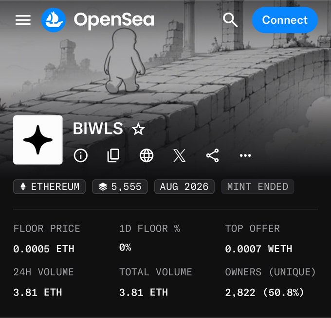 The image shows an OpenSea listing for the "BIWLS" NFT collection on Ethereum, displaying a floor price of 0.0005 ETH (0.0007 WETH top offer), 2,822 unique owners (50.8%), and only 3.81 ETH in total volume despite an August 2026 mint. The post's reference to the "Robinhood meta" and worthless projects fits the screenshot, as BIWLS exemplifies the point: a collection that has essentially failed, with the mint ended, no significant trading activity, and a floor price below the cost of most transactions—proof that low-effort launches now reveal their lack of utility almost immediately.
