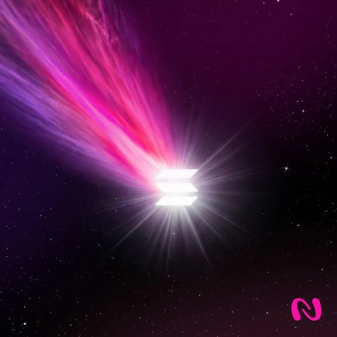 The image features a large, bright white letter "S" against a dark purple backdrop of stars. The background appears to be a night sky with numerous stars scattered throughout. The text "a smoother path to Solana for EVM builders powered by Neon." is also present in the image. This suggests that there might be an article or post about the Ethereum blockchain and its relation to the popular cryptocurrency, Bitcoin.