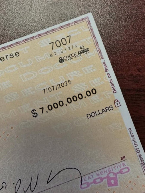 A close-up of a U.S. Treasury check made out to an unknown payee for $7,000.00, dated 7/07/2025, with check number 7007 and 'SECURE DOCUMENT' watermark visible.