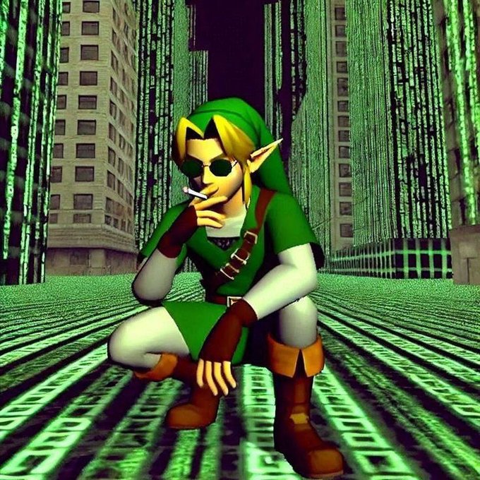 The image depicts Link from The Legend of Zelda in a Matrix-like digital environment, wearing sunglasses and smoking a cigarette while sitting calmly amid falling green code. It humorously illustrates the post's sentiment of staying unbothered and collected ("HODLing") despite a crypto investment dropping 90%, with the small daily rewards providing a sense of zen-like calm amid the chaos.
