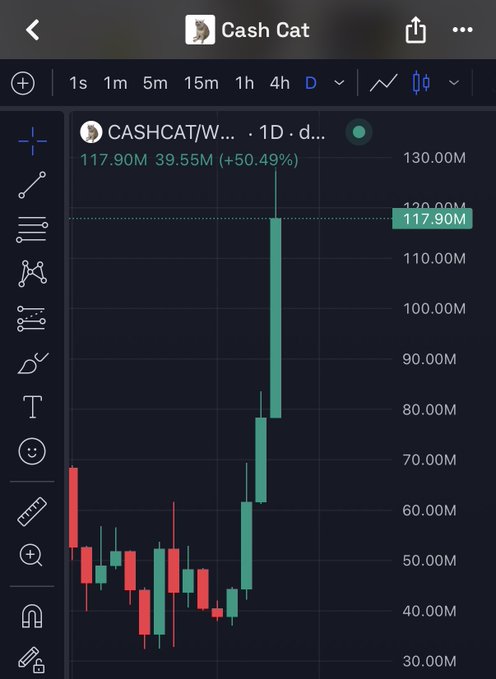 The image shows a TradingView daily chart for $CASHCAT/W (Cash Cat), displaying a dramatic bullish move with the price at 117.90M, up 50.49% (+39.55M), featuring a massive green candle that aligns with the post's claim of "giga candles printing."