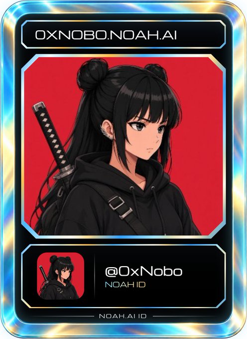A digital profile card for '0XNOBO.NOAH.AI' and '@0xNobo', displaying an anime-style illustration of a girl in a black hoodie with a sword strapped to her back against a red background, labeled 'NOAH.AI ID'.