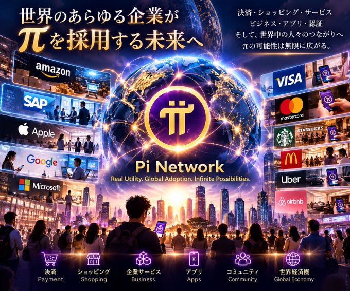A promotional graphic for 'Pi Network' features Japanese text about the future of pi adoption, surrounded by logos of major companies including Amazon, SAP, Apple, Google, Microsoft, Visa, Mastercard, Starbucks, McDonald's, Uber, and Airbnb.