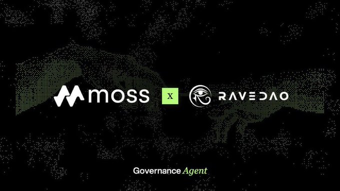 A black banner with a dotted world map background shows the logos 'moss' and 'RAVEDAO' separated by a green 'x', with 'Governance Agent' written below.