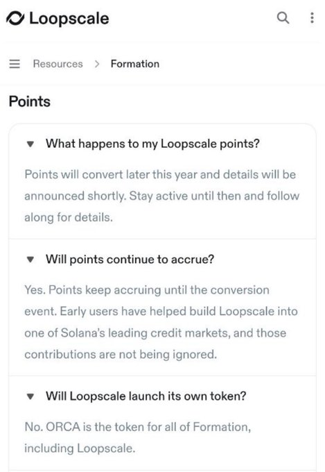A screenshot from the Loopscale website showing their FAQ section about points, revealing that points will convert later this year and continue to accrue, confirming the post's tease of an imminent airdrop or token conversion announcement. The page also clarifies that Loopscale will not launch its own token, as ORCA serves as the token for all of Formation, including Loopscale.