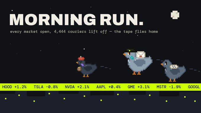 A pixel-art game titled 'MORNING RUN' shows courier pigeons with stock tickers (HOOD, TSLA, NVDA, AAPL, GME, MSTR, GOOGL) and their percentage changes scrolling at the bottom.