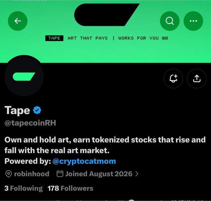 Twitter/X profile for Tape (@tapecoinRH) describing itself as 'ART THAT PAYS' and 'Own and hold art, earn tokenized stocks that rise and fall with the real art market,' powered by @cryptocatmom.