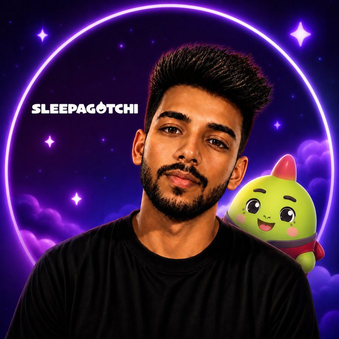 A portrait of a bearded young man in a black shirt with a green cartoon character peeking over his shoulder, set against a purple cosmic background with 'SLEEPAGOTCHI' text.