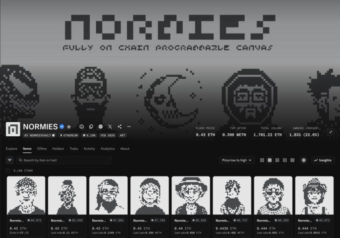 urnies.com's full-color website page, featuring a grid of nine characters and a header with the text "NORMIES" and "FULLY ON CHAIN PROPAGANDABLE CANVAS".