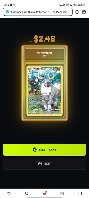 A screenshot from the Lastpack app displays a sell screen for a 2022 Wydeer Pokémon card valued at $2.48, with options to either sell for that amount or keep the card, aligning with the advertised free pack reward program.