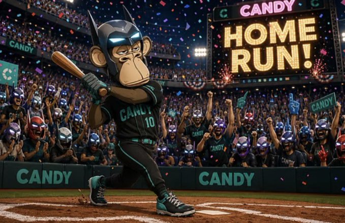 An AI-generated image of a cartoon monkey in a Batman-style mask swinging a bat at a baseball stadium, with a scoreboard reading 'CANDY HOME RUN!' and cheering fans wearing monkey masks.