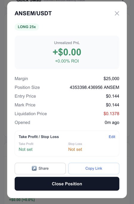 A mobile trading interface shows a LONG 25x position on ANSEM/USDT with details including Margin ($25,000), Position Size (4353398.436956 ANSEM), Entry Price ($0.144), and Liquidation Price ($0.1378).