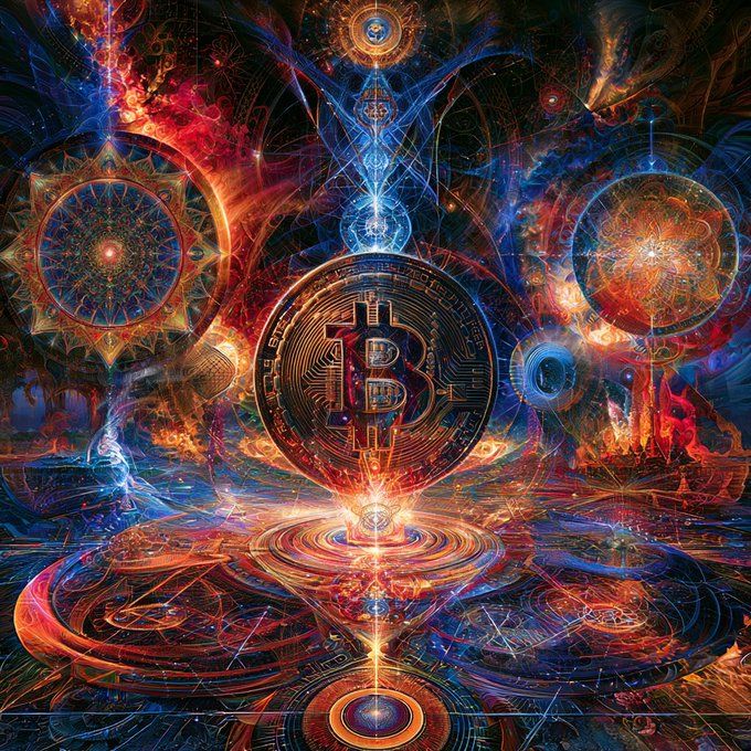 A vibrant, psychedelic digital artwork featuring a central Bitcoin logo surrounded by intricate mandala patterns, cosmic energy, and swirling colors of red, blue, and orange.
