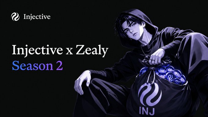 Promotional graphic for 'Injective x Zealy Season 2' featuring an anime-style character holding a bag of INJ tokens.