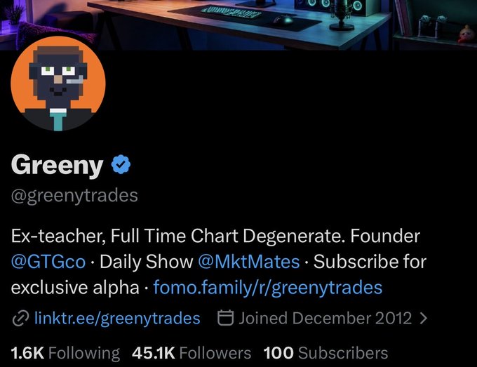 The image shows a Twitter profile for "Greeny" (@greenytrades), an ex-teacher turned full-time trader with 45.1K followers and 100 subscribers, fitting the post celebrating his milestone of reaching 100 subscribers on his platform.