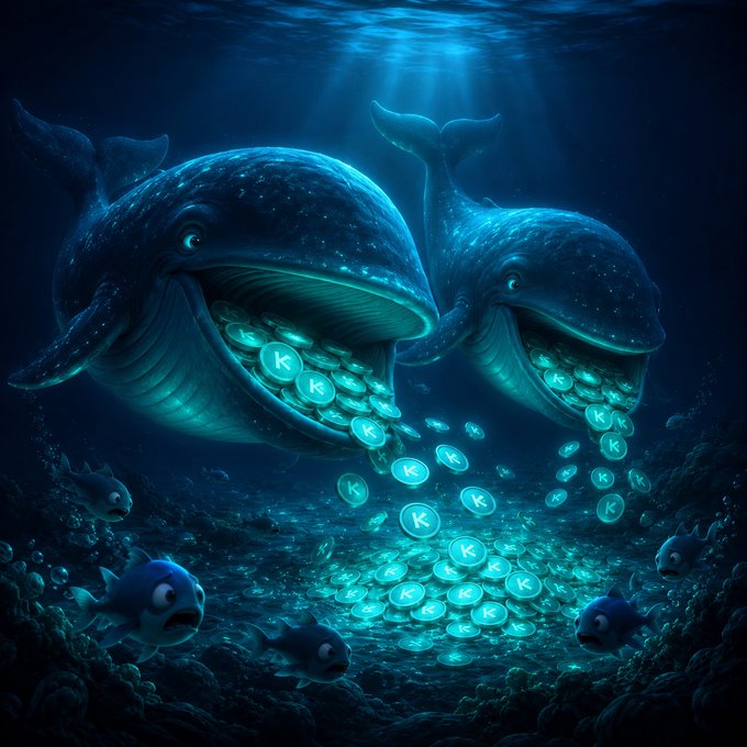 A digital illustration of two blue whales underwater releasing glowing teal coins marked with the letter 'K' from their mouths, surrounded by smaller fish.