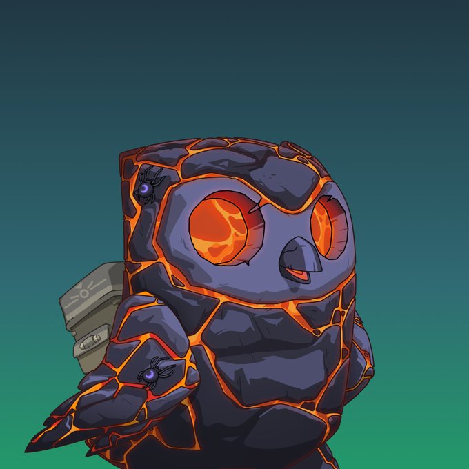 A cartoon-style illustration of a character made of glowing volcanic rock with orange cracks and eyes, holding a book, set against a teal background.