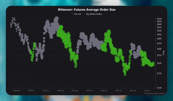 A scatter plot chart titled 'Bittensor: Futures Average Order Size' from CryptoQuant shows price trends with 'Normal' and 'Big Whale Orders' plotted from 2024 to 2026.