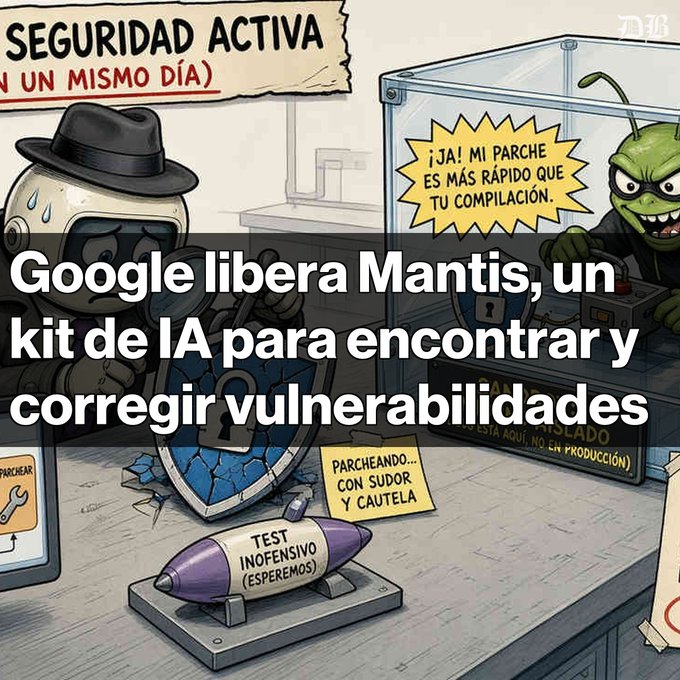 A cartoon illustration in Spanish about cybersecurity, overlaid with text: 'Google libera Mantis, un kit de IA para encontrar y corregir vulnerabilidades.'
