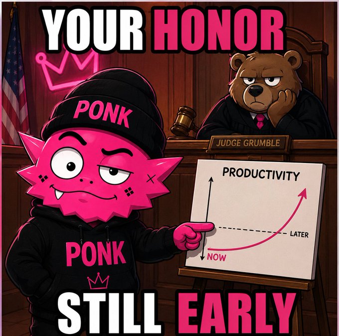 The image features a cartoon character wearing a pink hat with "PONK" written across the front, sitting next to a judge dressed in black robes who has his hand raised, suggesting he might be presenting an argument or evidence. A bear mascot is also present, and there's text indicating that this case was still early as of recently. The cartoon character points towards a chart showing "Productivity" on it, likely referring to the judge's claim about productivity being late according to the chart.