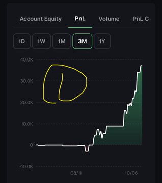 A trading dashboard displays a PnL chart over a 3-month period, showing account equity climbing from near $0 to approximately $40K with a circled annotation highlighting the early growth phase. The post reveals the profit and loss of the Perp DEX that META is associated with, contradicting the narrative of META's trades being disastrous losses.