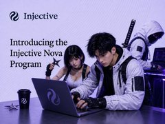 The image features two people sitting at a table with laptops, one of which has a coffee cup next to them. The background shows a purple wall with text that reads "Introducing the Injective Injection Nova Program". The main focus is on the two individuals using their laptops and the purple wall behind them.