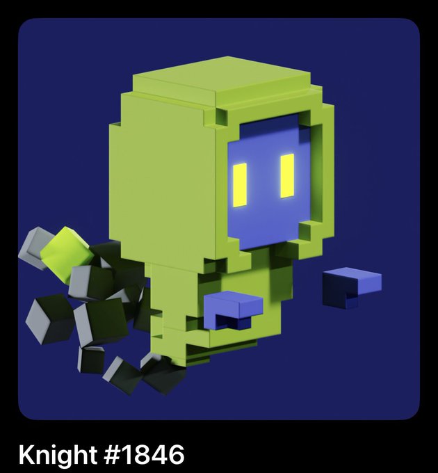 A green, pixelated 3D voxel character with glowing yellow eyes stands against a dark blue background, with the text 'Knight #1846' displayed at the bottom.