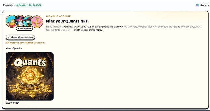A screenshot of a webpage titled 'THE WORLD OF QUANTS' with instructions to 'Mint your Quants NFT', showing an image of a Quants NFT #3824 and a counter reading '4,300 residents'.