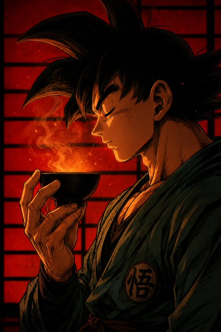 An anime-style illustration of a character with spiky black hair drinking from a steaming bowl, wearing a dark robe with a kanji symbol on the sleeve, set against a red grid background.