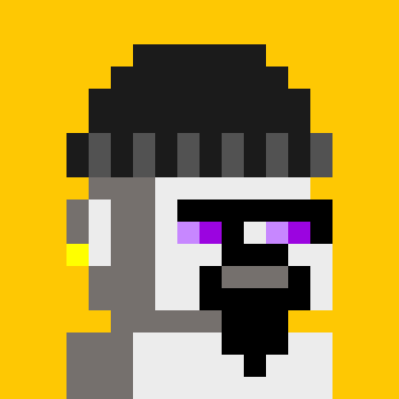 A pixel art character with a black beanie, beard, and purple sunglasses is depicted against a yellow background.