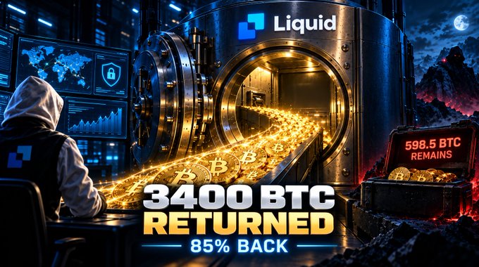 A promotional graphic for "Liquid" cryptocurrency exchange announcing "3400 BTC RETURNED" or "85% BACK," featuring a vault filled with golden Bitcoin and a hooded figure at a computer, with a treasure chest showing "598.5 BTC REMAINS."