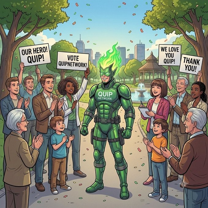 A comic-style illustration of a green-armored superhero with a flaming green head and 'QUIP NETWORK' on his chest, surrounded by a cheering crowd holding placards like 'OUR HERO QUIP!', 'VOTE QUIPNETWORK!', 'WE LOVE YOU QUIP!', and 'THANK YOU!' in a park setting.