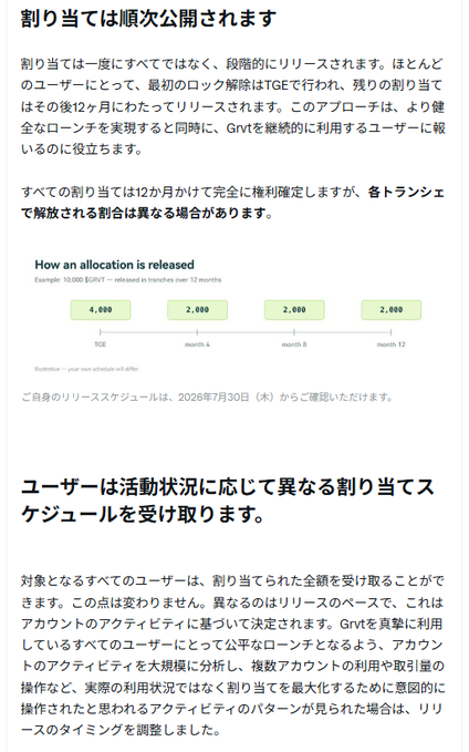 A Japanese-language informational page about token allocation release schedules, showing how 10,000 $GRVT will be released in tranches over 12 months, with the next release on July 30, 2026.