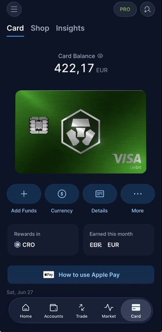 The image shows the Crypto.com app's Card section displaying a Visa debit card with a green design and a CRO (Cronos) hexagon logo, showing a card balance of 422.17 EUR with options like Add Funds, Currency, and Details, plus a "How to use Apple Pay" button. This visually supports the post by showcasing the Crypto.com Visa card branded with the Cronos (CRO) token logo, illustrating the seamless integration between the Crypto.com app and the Cronos ecosystem that the user is expressing enthusiasm about.