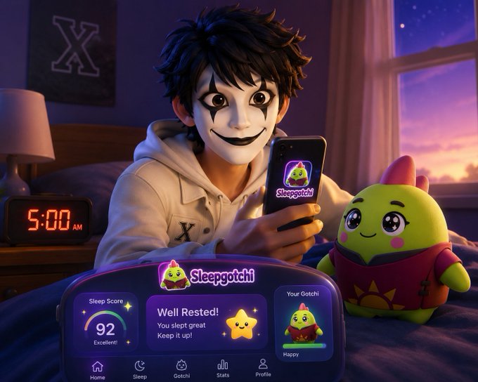 A person with face paint wears a hoodie in bed at 5:00 AM, checking the 'Sleepgotchi' app on their phone which displays a Sleep Score of 92 ('Excellent!') and a happy Gotchi character.
