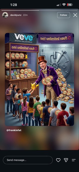 An Instagram story screenshot shows an illustration of a man in a top hat handing out coins from an 'omi unlimited vault' to children at a 'veve DIGITAL COLLECTIBLES' booth, posted by 'davidyurz'.