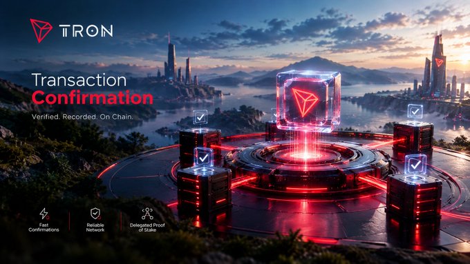 A promotional banner for the TRON blockchain highlighting 'Transaction Confirmation' with text 'Verified. Recorded. On Chain.' and features listed as Fast Confirmations, Reliable Network, and Delegated Proof of Stake.