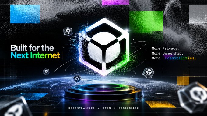 A promotional graphic with a hexagonal logo reads "Built for the Next Internet" alongside "More Privacy. More Ownership. More Possibilities." and "DECENTRALIZED / OPEN / BORDERLESS."