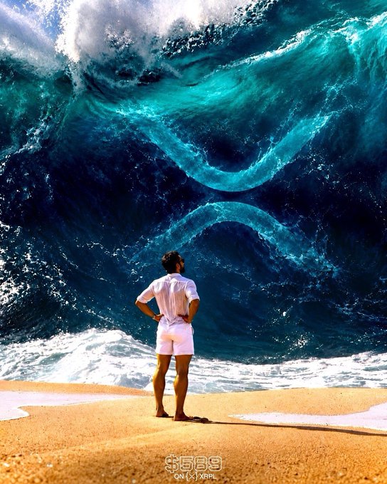 A man in a white shirt stands barefoot on the shore, dwarfed by a massive towering blue-green wave bearing the "SS89" watermark, visually echoing the post's warning that no one is prepared for the immense $XRP wave that is coming.