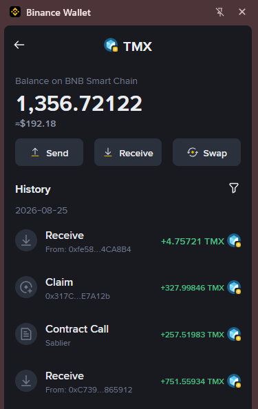 The image displays a Binance Wallet screen showing a TMX token balance of 1,356.72122 (~$192.18) on BNB Smart Chain, with transaction history listing a Receive of 4.75721 TMX, a Claim of 327.99846 TMX, a Contract Call from Sablier of 257.51983 TMX, and another Receive of 751.55934 TMX—matching the post's breakdown of airdrop, booster, square, and extra received rewards.
