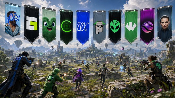 A fantasy battle scene features armed characters fighting across a landscape, with banners overhead displaying logos for various crypto projects including BitMEX, WAX, and Polychain Monsters.